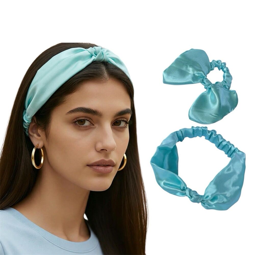 New Bow Headband Hair Ponytail Set Aqua Blue Satin Women’s & Girl - Picture 4 of 16